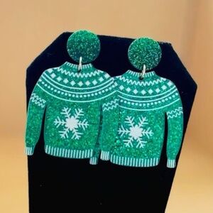 Green Christmas sweater holiday earrings